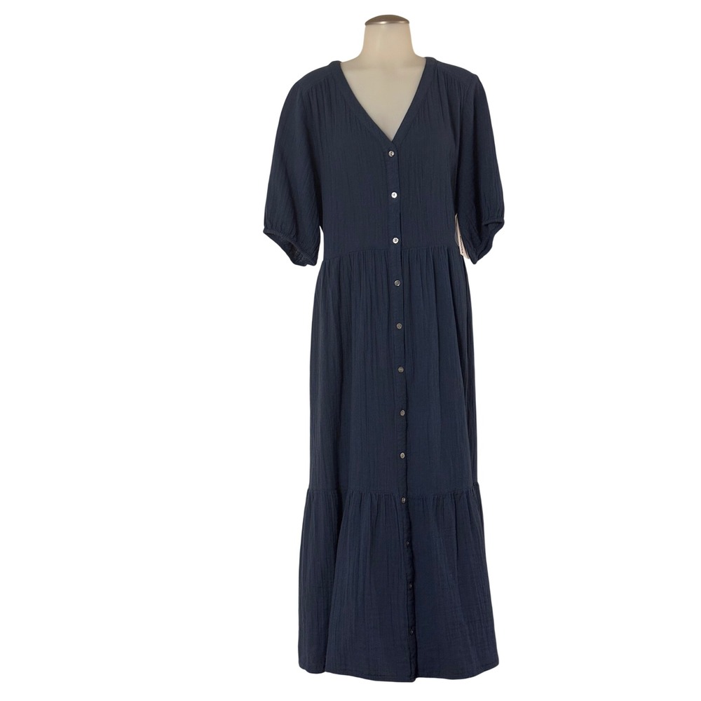Sonoma Midi Dress Womens XL Navy Blue Cotton Gauze Button Front Tiered NEW